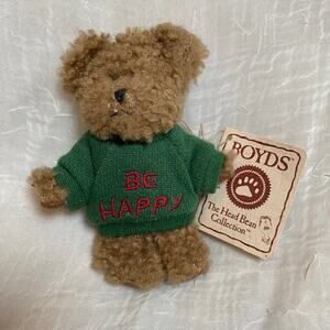 2003 Boyds Bears Be Happy Green Sweater Plush Bear 4 inch Mini Message Tags
